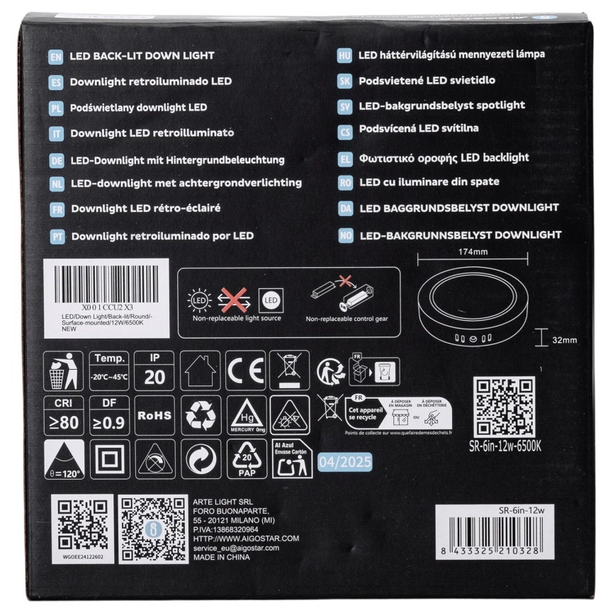 Aigostar - LED Stropné prisadené svietidlo LED/12W/230V pr. 17,4 cm 6500K biela
