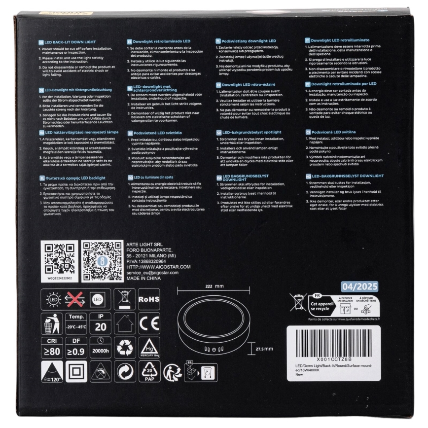 Aigostar - LED Stropné prisadené svietidlo LED/18W/230V pr. 22,6 cm 4000K biela