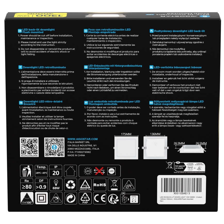 Aigostar - LED Stropné svietidlo LED/12W/230V 3000K 17,5x17,5 cm biela