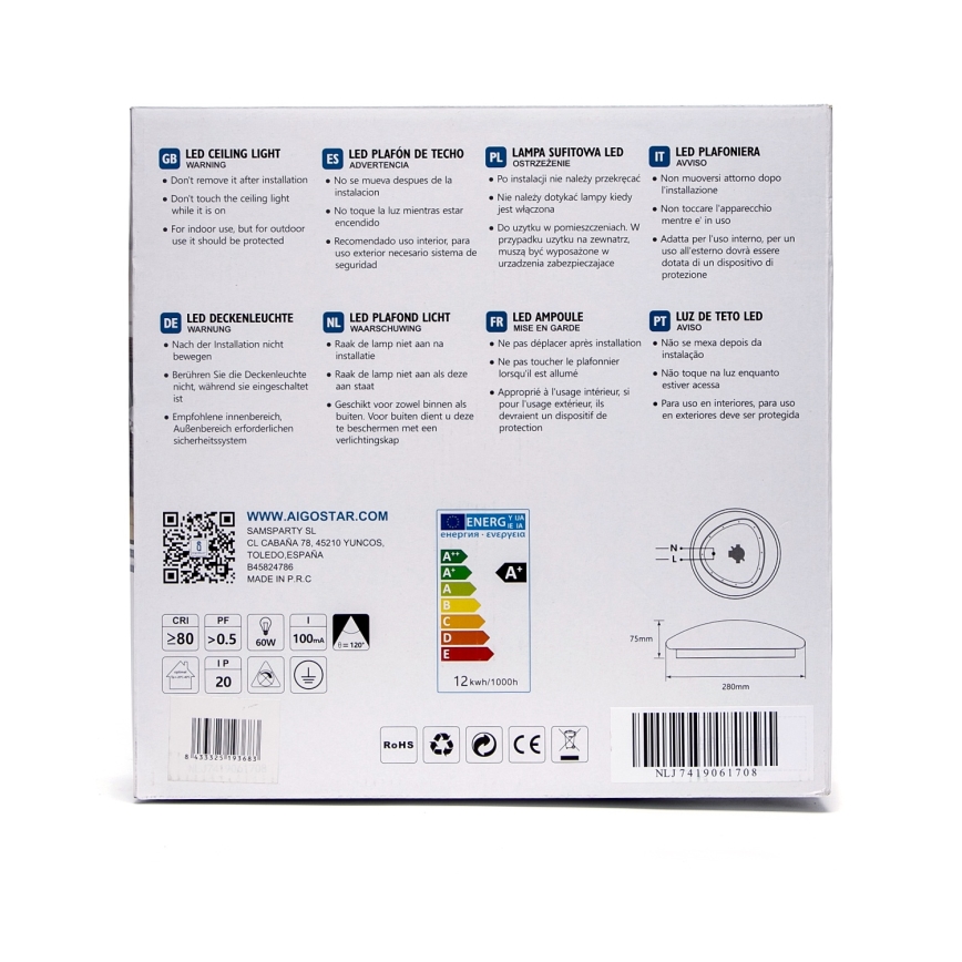Aigostar - LED stropné svietidlo s pohybovým senzorom LED/12W/230V 3000K priemer 28 cm