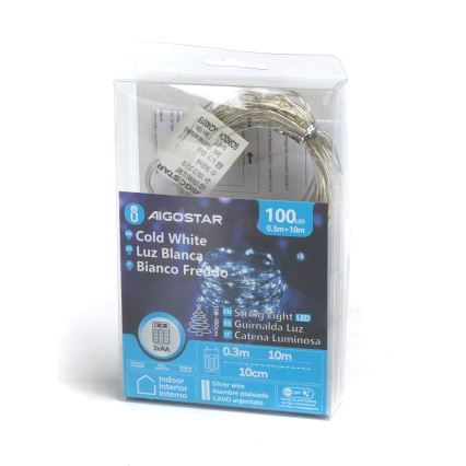 Aigostar - LED Vianočná reťaz 100xLED/3xAA 10,3m studená biela