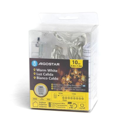 Aigostar - LED Vianočná reťaz 10xLED/3xAA 1,5m teplá biela vločky