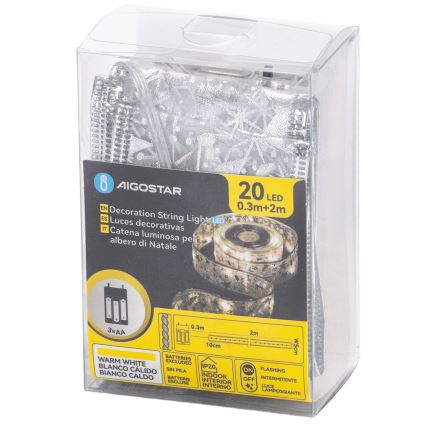 Aigostar - LED vianočná reťaz 20xLED/3xAA 2 m teplá biela strieborná