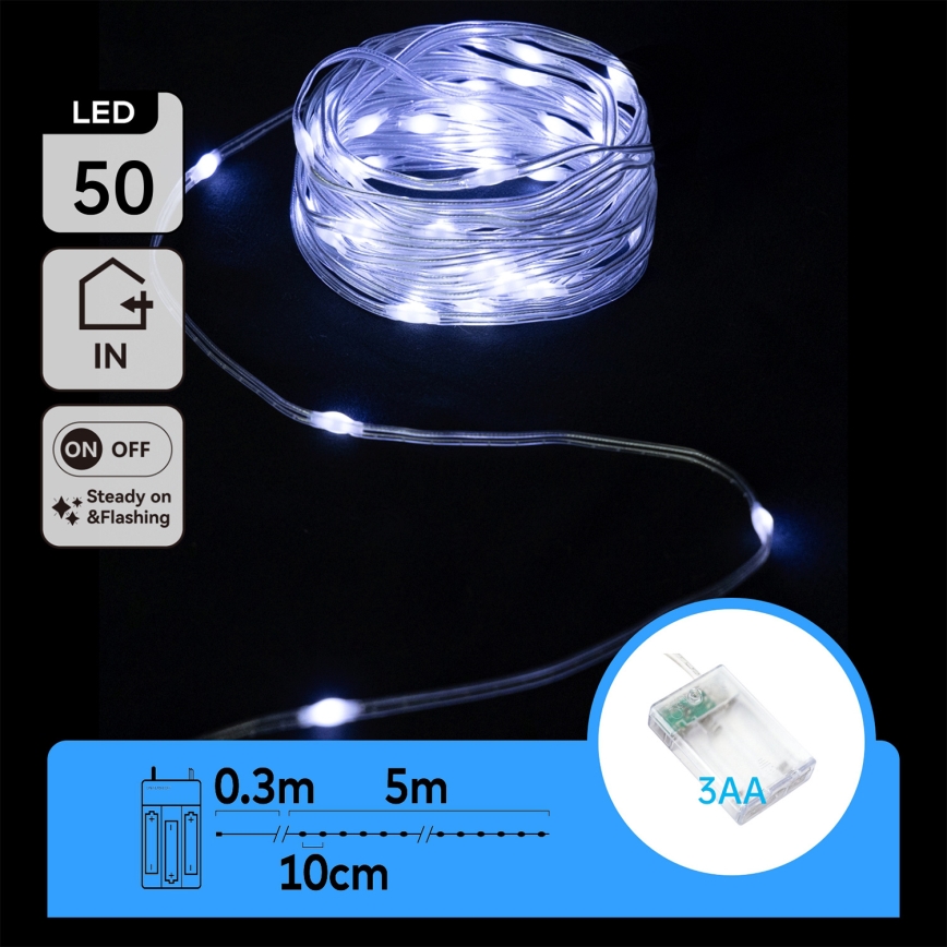 Aigostar - LED Vianočná reťaz 50xLED/3xAA 5,3m studená biela