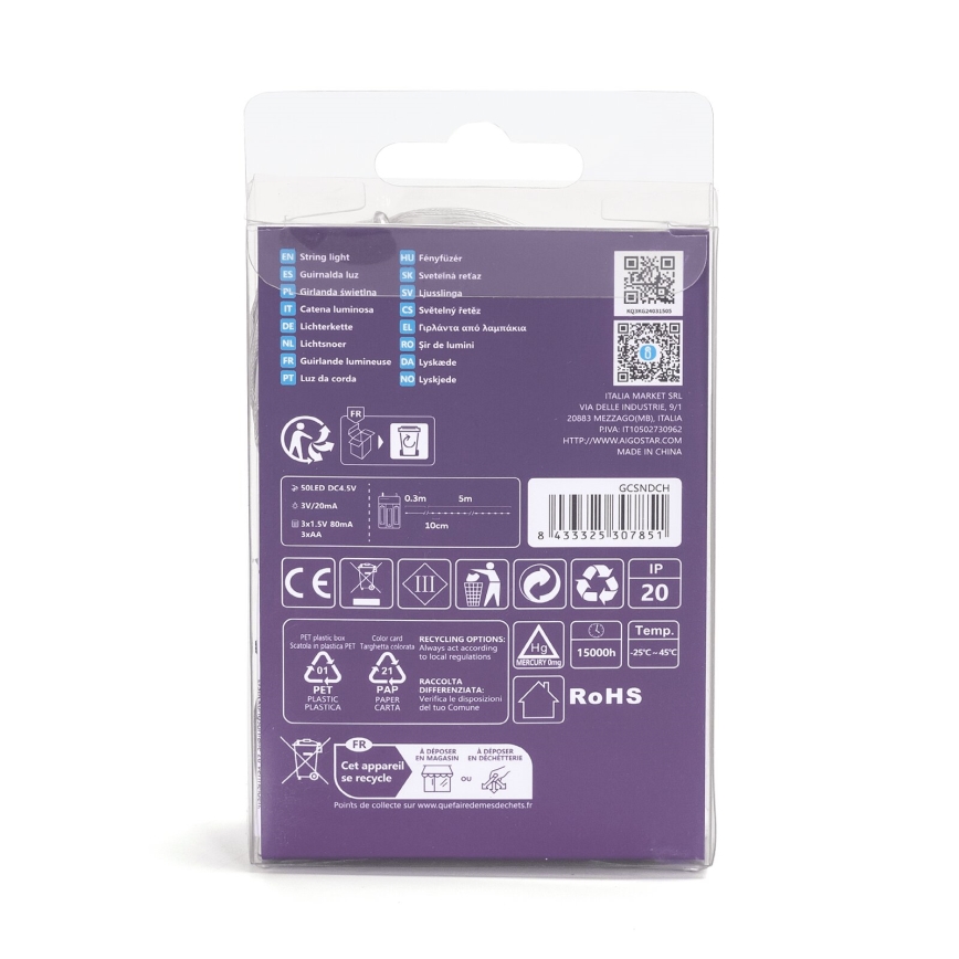 Aigostar - LED Vianočná reťaz 50xLED/3xAA 5,3m studená biela