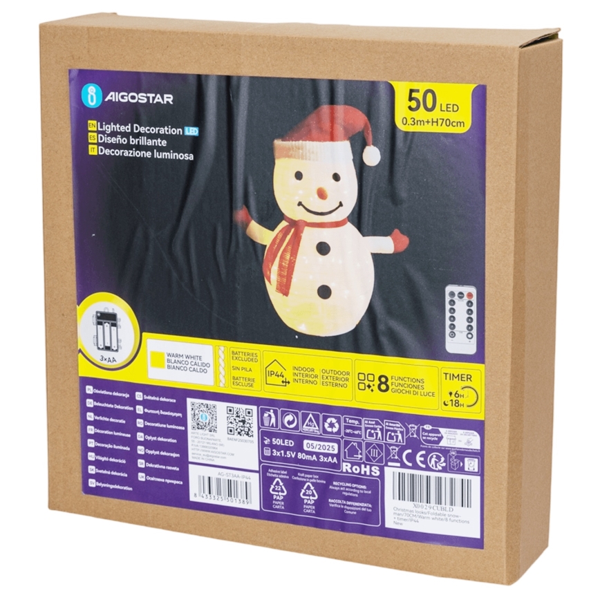 Aigostar - LED vianočná vonkajšia dekorácia 50xLED/3xAA 0,7m IP44 snehuliak + diaľkové ovládanie
