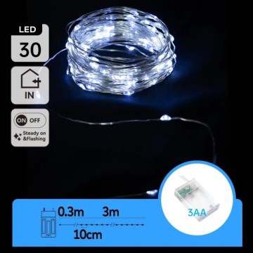 Aigostar - LED vianočný reťaz 30xLED/3xAA 3,3 m studená biela