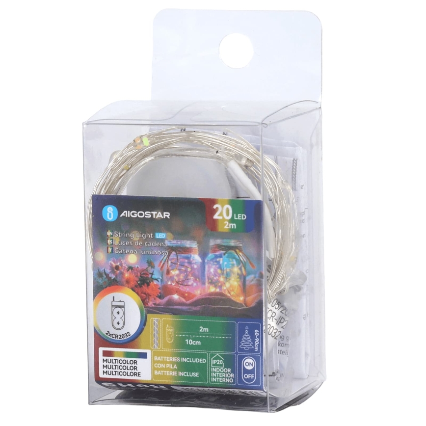 Aigostar - LED Vianočný reťazec 20xLED/2xCR2032 2m viacfarebný