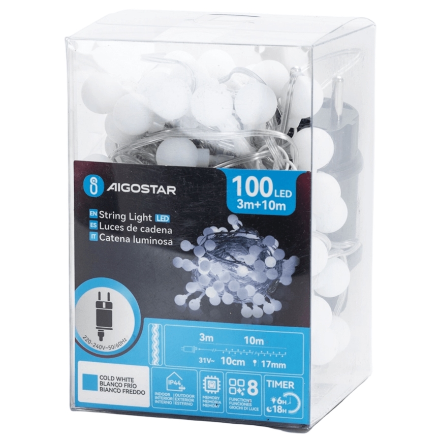 Aigostar - LED vonkajšia dekoračná reťaz 100xLED/8 funkcií 10 m IP44 studená biela