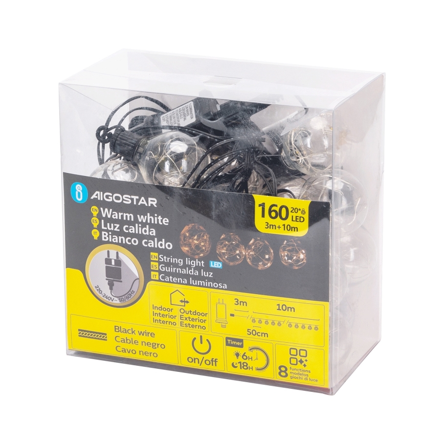 Aigostar - LED vonkajší dekoračný reťaz so 160 LED, 10 m, IP44, teplá biela