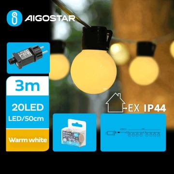 Aigostar - LED vonkajší dekoratívny svetelný reťaz 20xLED/13m IP44 teplá biela