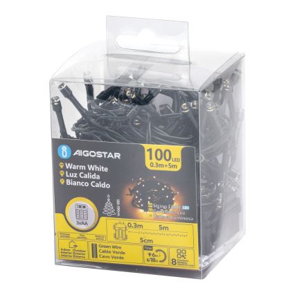 Aigostar - vonkajšia LED reťaz 100xLED/8 funkcií 3xAA 5,3 m IP44 teplá biela
