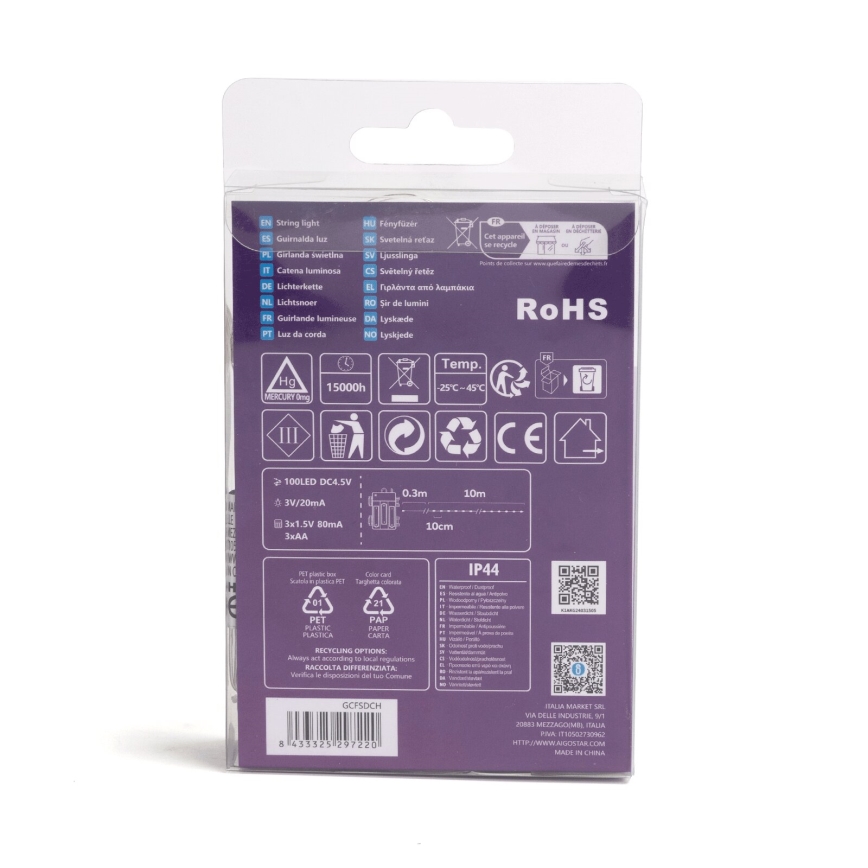 Aigostar - LED vonkajší reťaz 100×LED, 8 funkcií, 3×AA, 10,3 m, IP44, teplá biela