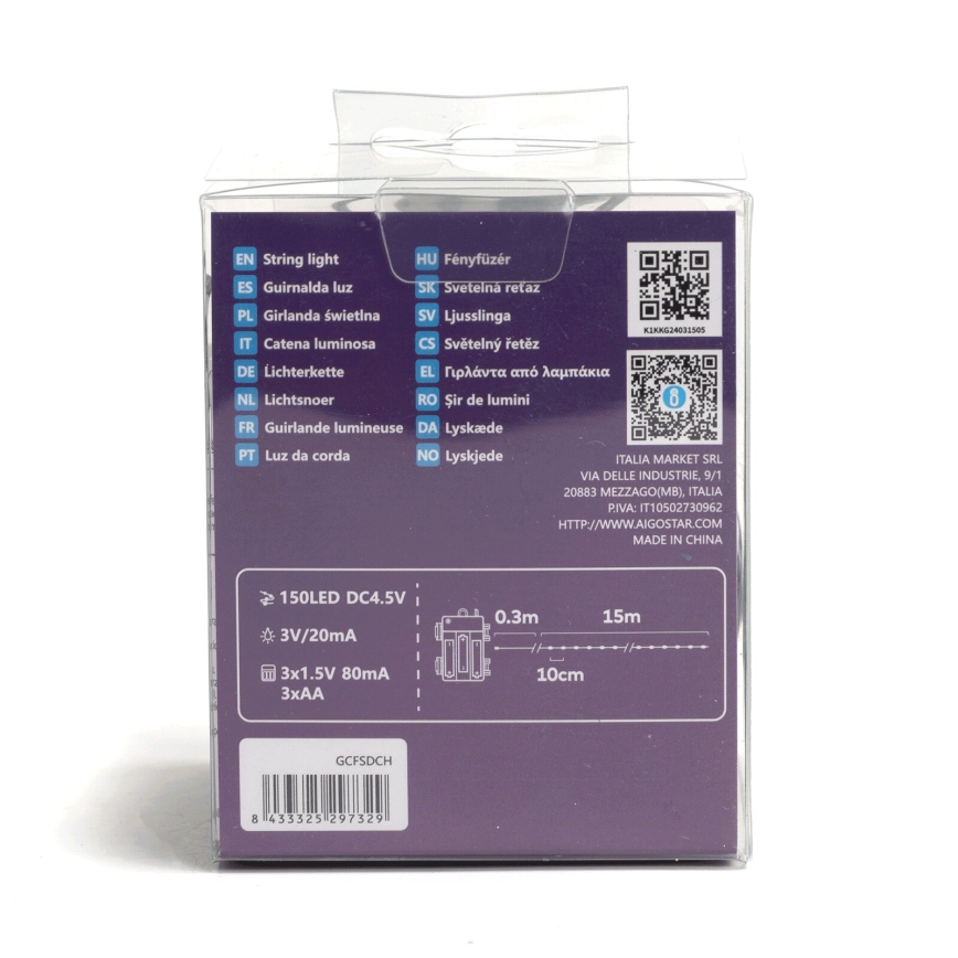 Aigostar -LED Vonkajší  reťaz 150xLED/8 funkcií 3xAA 15,3m IP44 teplá biela