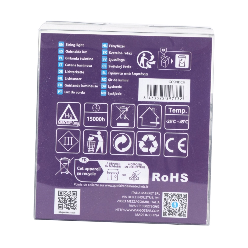 Aigostar - LED vonkajší reťaz 200× LED / 8 funkcií, napájanie 3× AA, dĺžka 10,3 m, IP44, viacfarebný