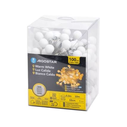 Aigostar - LED Vonkajší vianočný reťazec 100xLED/3xAA/8 funkcií 10,3 m IP44 teplá biela