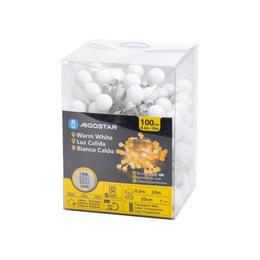Aigostar - LED Vonkajší vianočný reťazec 100xLED/3xAA/8 funkcií 10,3 m IP44 teplá biela