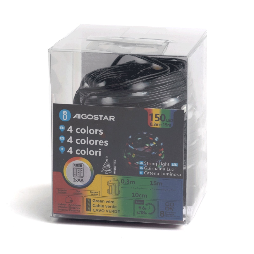 Aigostar - LED vonkajší svetelný reťaz 150xLED/8 režimov 3xAA 15,3m IP44 viacfarebný