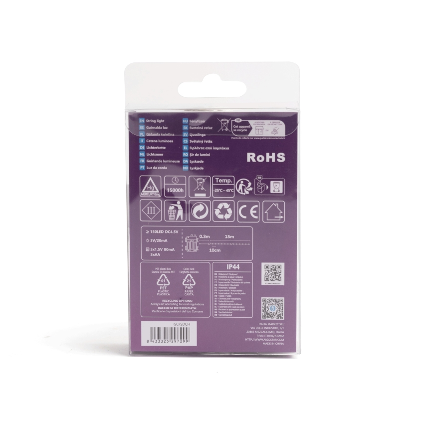 Aigostar - LED Vonkajší  reťazec 150xLED/8 funkcií/3xAA 15,3m IP44 viacfarebný