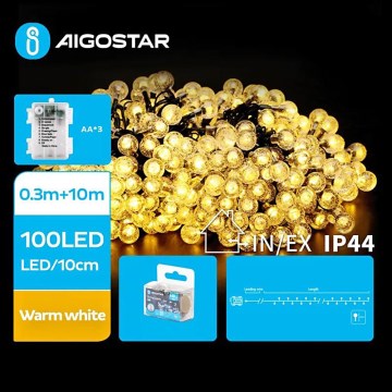 Aigostar - LED vonkajší svetelný reťazec 100xLED/3xAA/8 režimov 10,3 m IP44 teplá biela