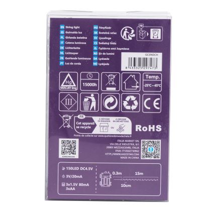 Aigostar -LED Vonkajší svetelný reťazec 150xLED/8 funkcií 3xAA 15,3m IP44 viacfarebný