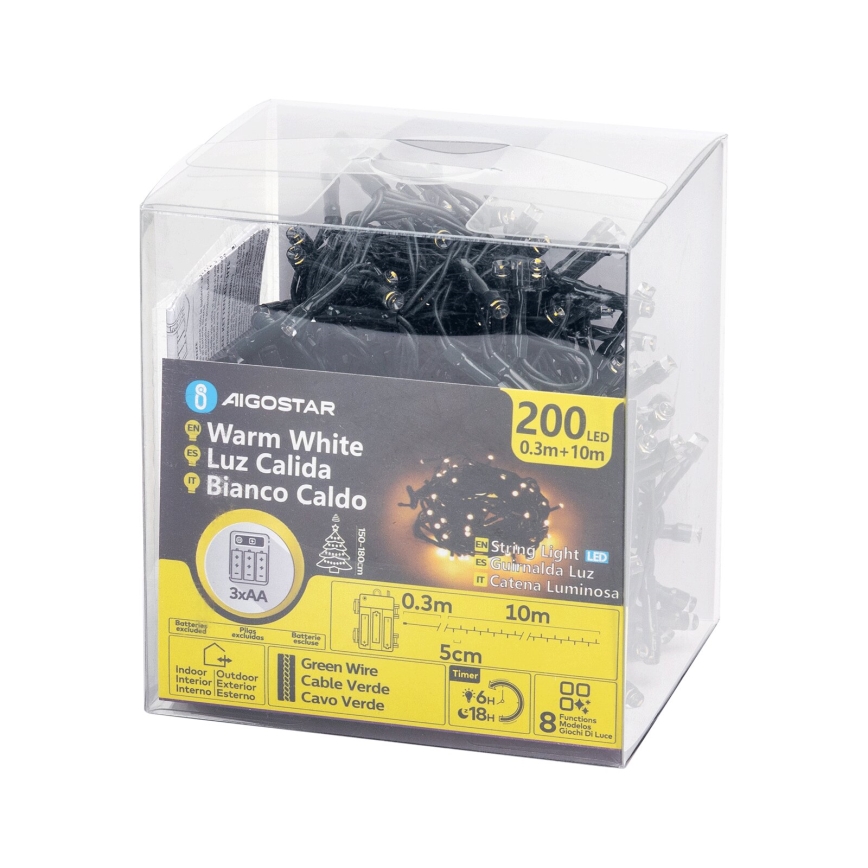 Aigostar - LED vonkajší svetelný reťazec 200×LED / 8 režimov, 3×AA, 10,3 m, IP44, teplá biela