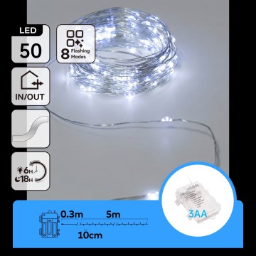 Aigostar - LED vonkajší svetelný reťazec 50xLED/3xAA IP44 5,3 m studená biela