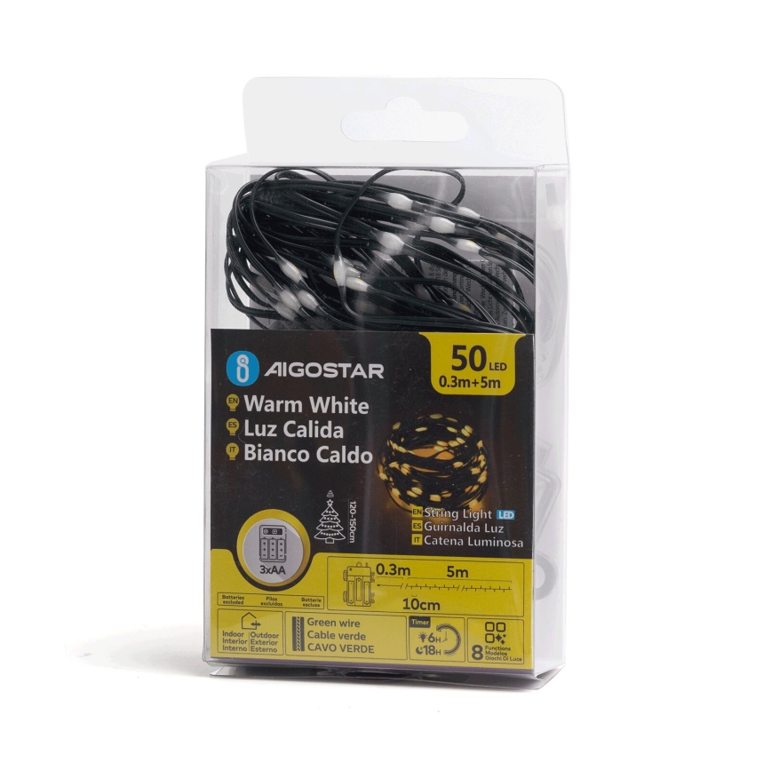 Aigostar - LED vonkajší svetelný reťazec 50xLED/8 funkcií 3xAA 5,3 m IP44 teplá biela