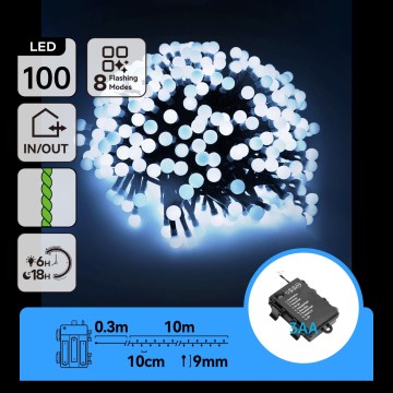Aigostar - LED Vonkajší vianočný reťaz 100xLED/8 funkcií 3xAA 10,3m IP44 studená biela