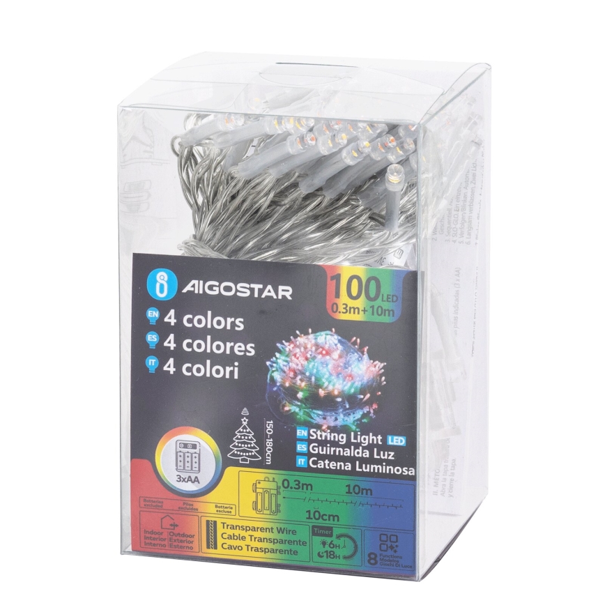 Aigostar - Vonkajšia vianočná LED reťaz 100xLED/8 funkcií 3xAA 10,3m IP44 viacfarebná