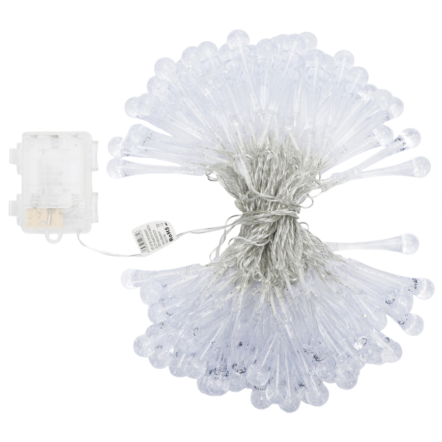 Aigostar - LED vonkajší vianočný reťazec, 100× LED, 8 režimov, napájanie 3× AA, dĺžka 10 m, IP44, studená biela, s kvapkami