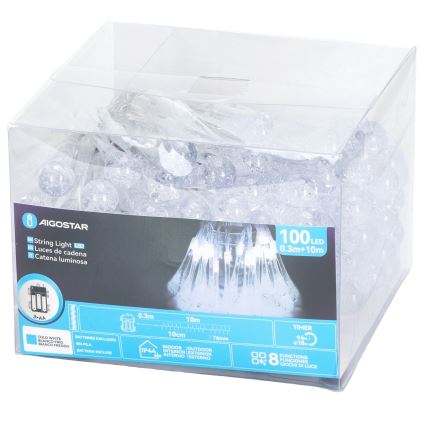 Aigostar - LED vonkajší vianočný reťazec, 100× LED, 8 režimov, napájanie 3× AA, dĺžka 10 m, IP44, studená biela, s kvapkami