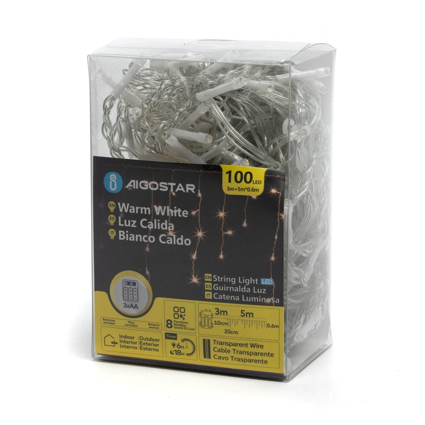 Aigostar - LED Vonkajší vianočný reťaz 100xLED/8 funkcií 3xAA 8x0,6m IP44 teplá biela