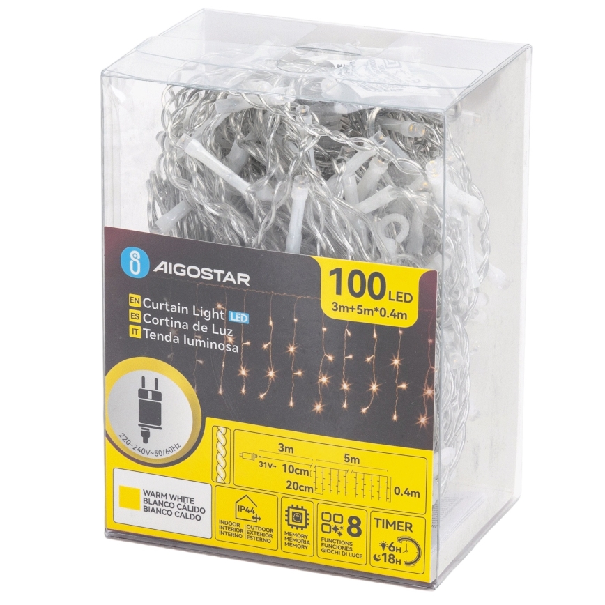 Aigostar - LED Vonkajší vianočný reťaz 100xLED/8 funkcií 5x0,4m IP44 teplá biela