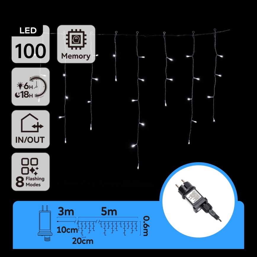 Aigostar - LED Vonkajší vianočný reťaz 100xLED/8 funkcií 8x0,6m IP44 studená biela