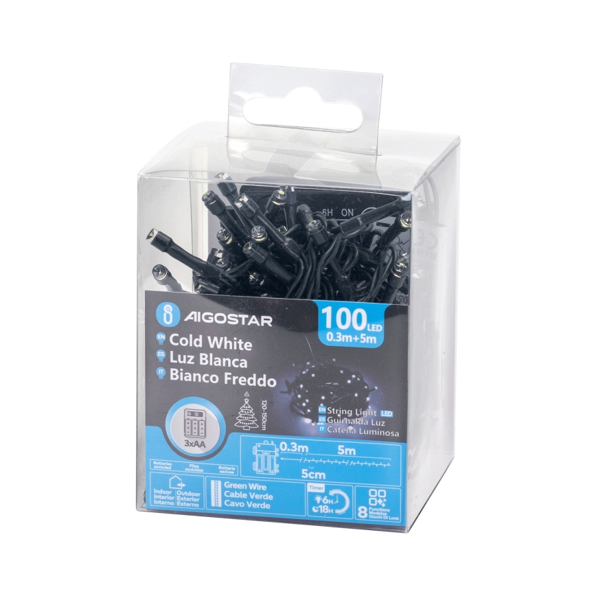 Aigostar - LED vonkajší vianočný reťaz 100xLED/8 funkcií 3xAA 5,3 m IP44 studená biela
