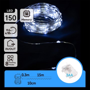 Aigostar - LED Vonkajší vianočný reťaz 150xLED/8 funkcií/3xAA 15,3m IP44 studená biela