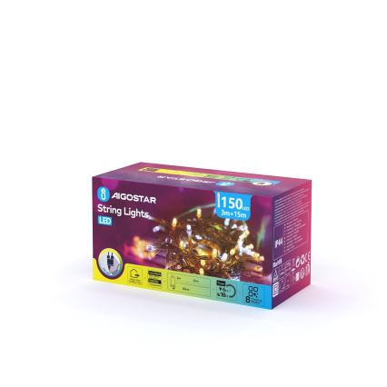 Aigostar - Vonkajší LED vianočný reťaz 150xLED/8 funkcií 18 m IP44 teplá biela/studená biela