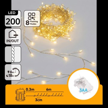 Aigostar - LED vonkajší vianočný reťaz 200xLED/8 funkcií 3xAA 6,3m IP44 teplá biela