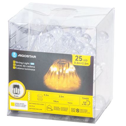 Aigostar - LED vonkajší vianočný reťazec 25xLED/8 funkcií 3xAA 2,5 m IP44 teplá biela kvapky