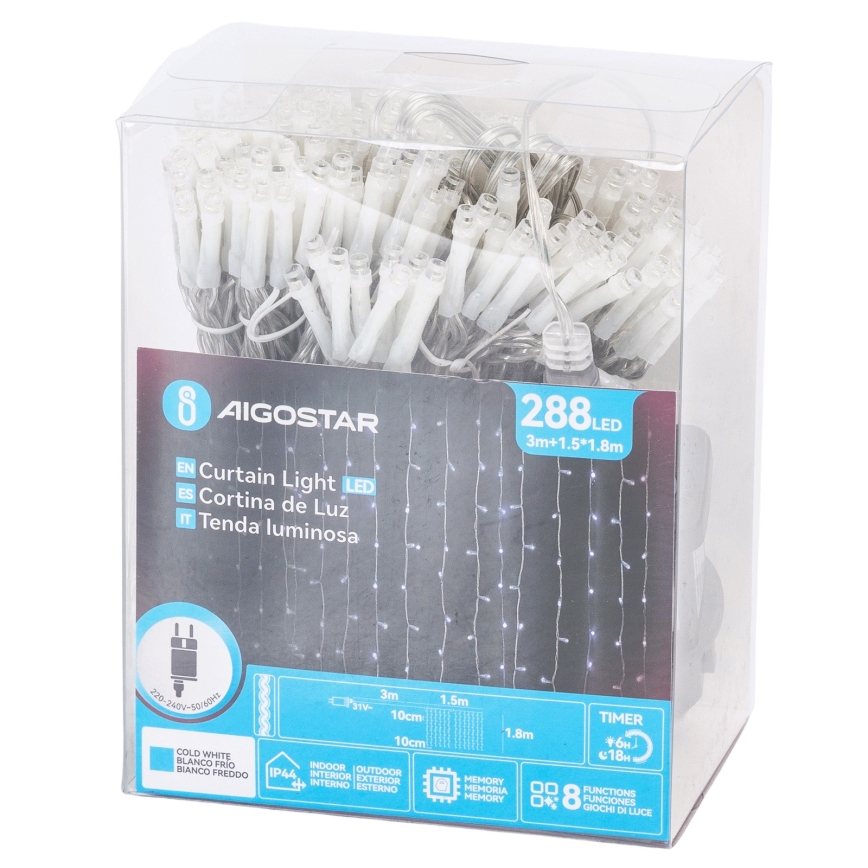 Aigostar - LED Vonkajší vianočný reťaz 288xLED/8 funkcií 1,5x1,8m IP44 studená biela