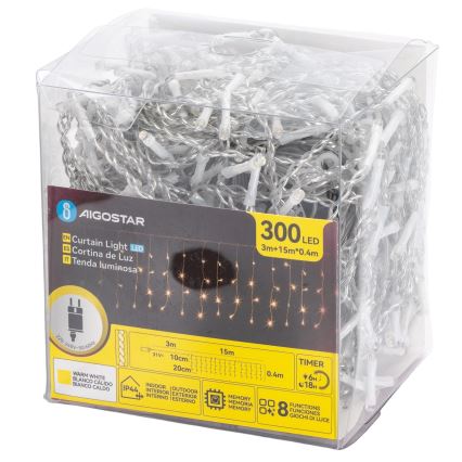 Aigostar - LED vonkajšia vianočná reťaz 300xLED/8 funkcií 15x0,4 m IP44 teplá biela