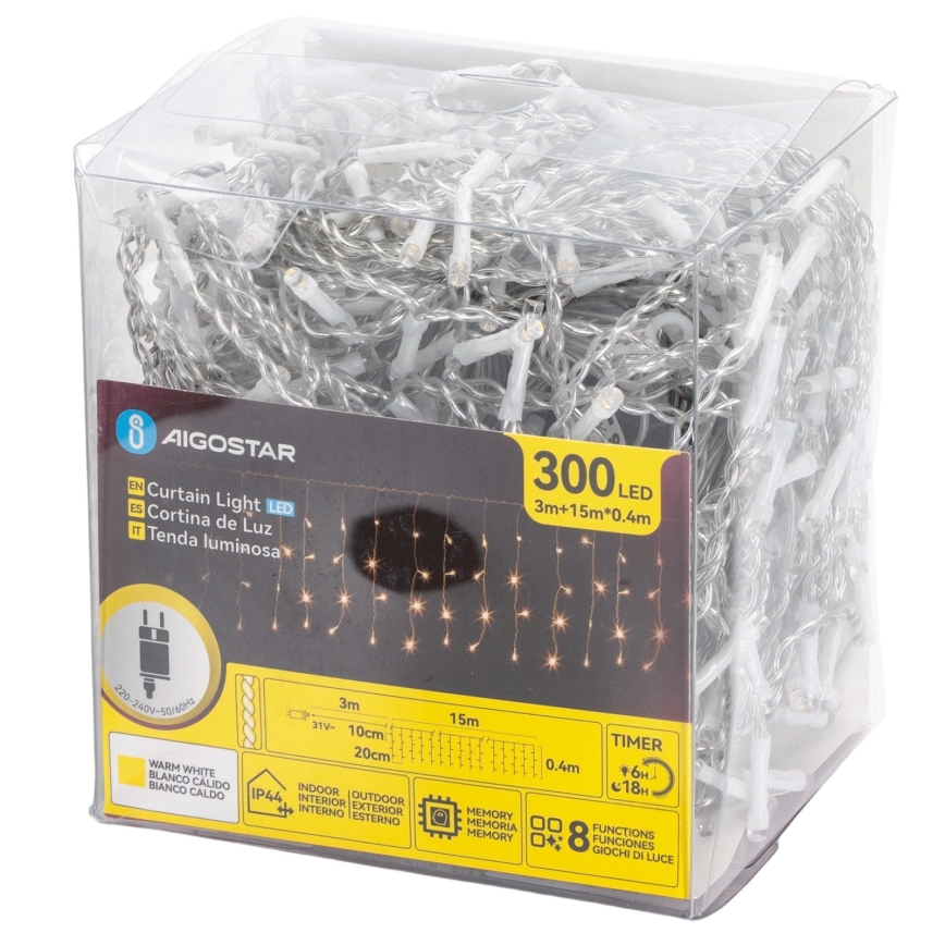 Aigostar - LED vonkajšia vianočná reťaz 300xLED/8 funkcií 15x0,4 m IP44 teplá biela