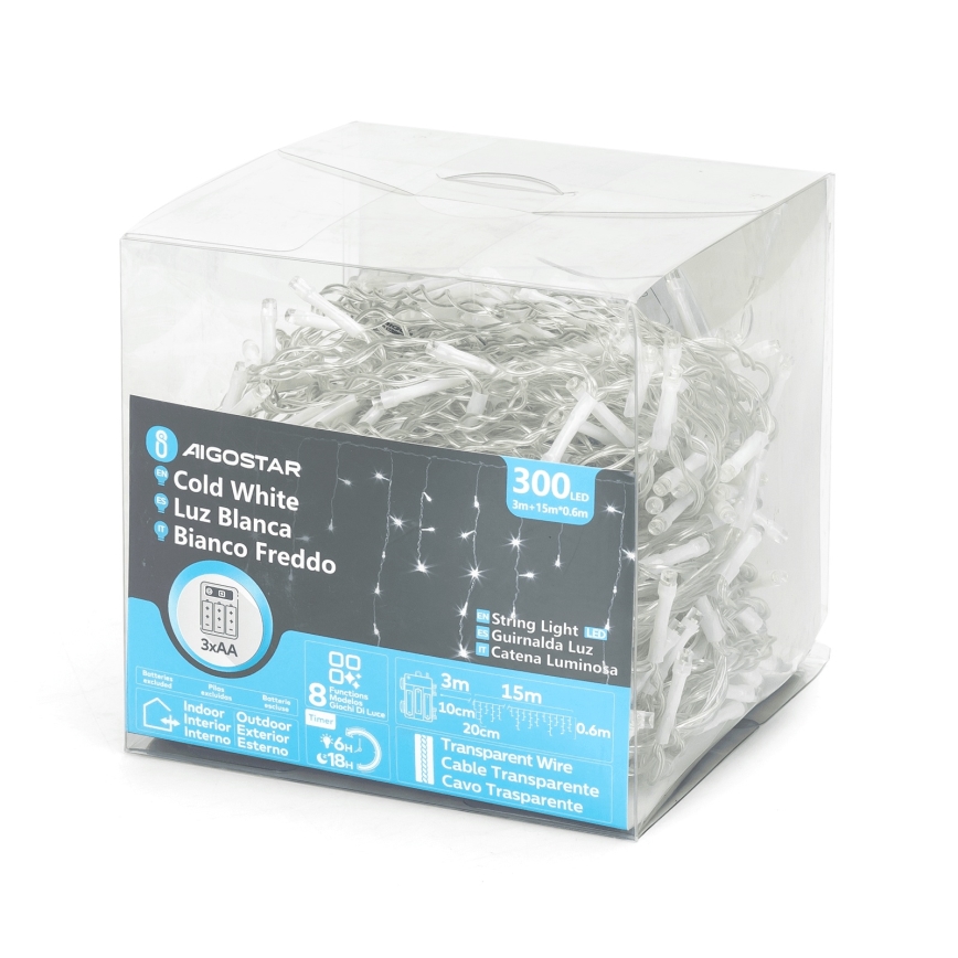 Aigostar - LED vonkajšia vianočná reťaz 300xLED/8 funkcií 3xAA 18x0,6 m IP44 studená biela