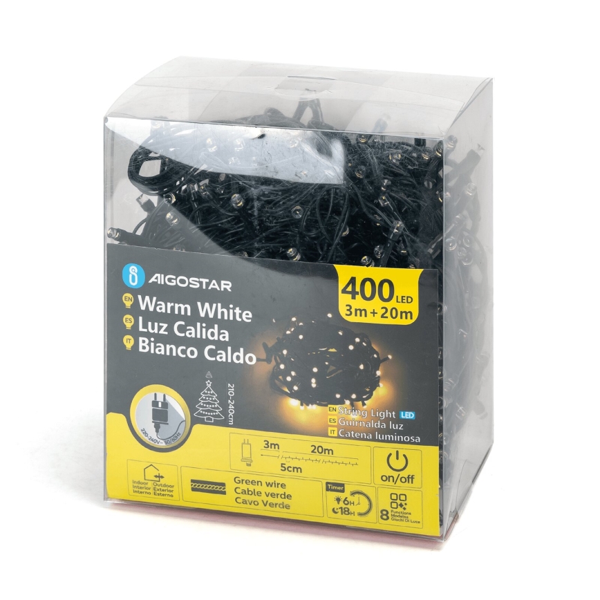 Aigostar - LED vonkajší vianočný reťaz 400xLED/8 funkcií 23m IP44 teplá biela