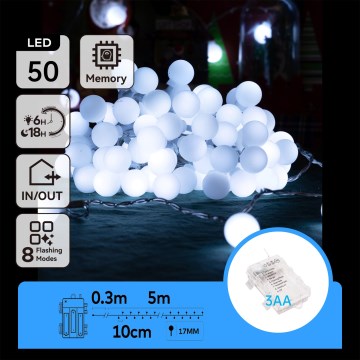 Aigostar - LED vonkajší vianočný reťaz 50xLED/3xAA/8 funkcií 5,3 m IP44 studená biela