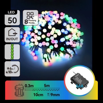 Aigostar - LED Vonkajší vianočný reťaz 50xLED/8 funkcií 3xAA 5,3m IP44 viacfarebný