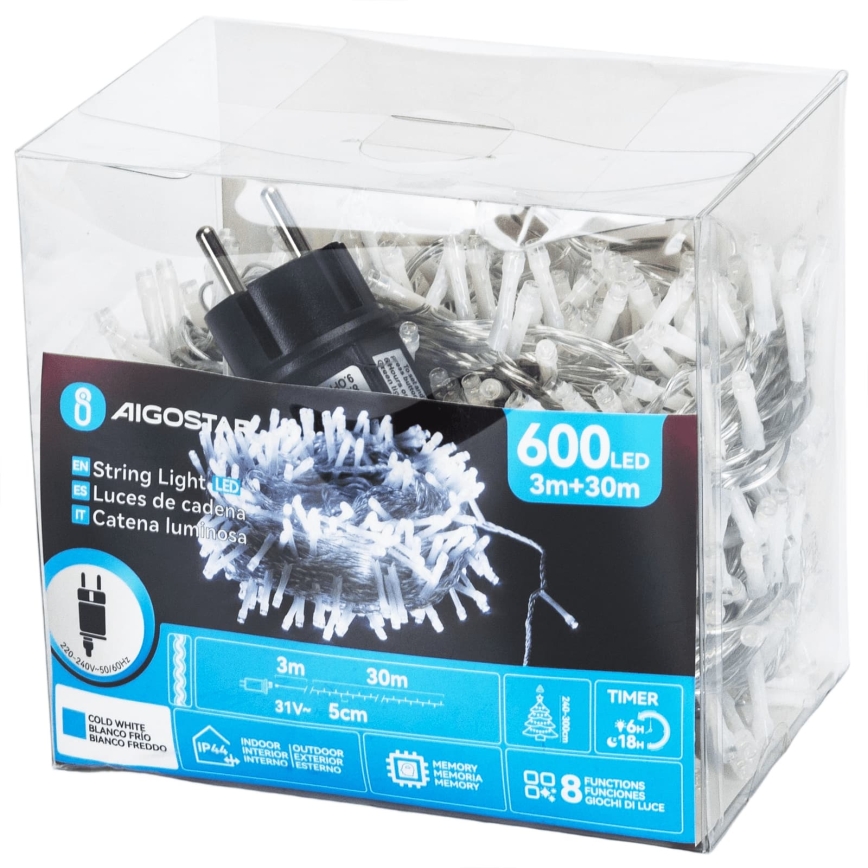 Aigostar - LED vonkajší vianočný reťaz 600xLED/8 funkcií 33 m IP44 studená biela
