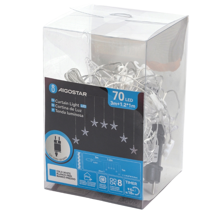 Aigostar - LED vonkajší vianočný reťaz 70xLED 1,2x1m IP44 studená biela hviezdy