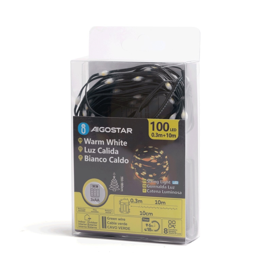 Aigostar - LED vonkajší vianočný reťazec 100xLED/8 funkcií 3xAA 10,3 m IP44 teplá biela